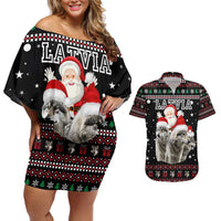 Latvia Christmas Couples Matching Off Shoulder Short Dress and Hawaiian Shirt with Santa Claus and Wolves in Holiday Pattern Design - Wonder Print Shop