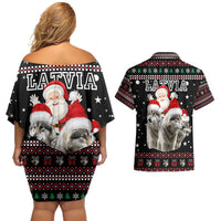 Latvia Christmas Couples Matching Off Shoulder Short Dress and Hawaiian Shirt with Santa Claus and Wolves in Holiday Pattern Design - Wonder Print Shop