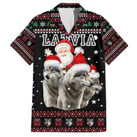 Latvia Christmas Family Matching Off The Shoulder Long Sleeve Dress and Hawaiian Shirt with Santa Claus and Wolves in Holiday Pattern Design - Wonder Print Shop