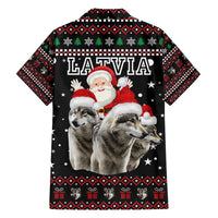 Latvia Christmas Family Matching Off The Shoulder Long Sleeve Dress and Hawaiian Shirt with Santa Claus and Wolves in Holiday Pattern Design - Wonder Print Shop