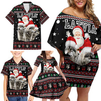 Latvia Christmas Family Matching Off Shoulder Short Dress and Hawaiian Shirt with Santa Claus and Wolves in Holiday Pattern Design - Wonder Print Shop