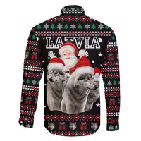 Latvia Christmas Family Matching Off Shoulder Short Dress and Hawaiian Shirt with Santa Claus and Wolves in Holiday Pattern Design - Wonder Print Shop