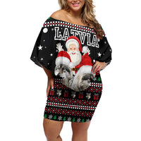 Latvia Christmas Family Matching Off Shoulder Short Dress and Hawaiian Shirt with Santa Claus and Wolves in Holiday Pattern Design - Wonder Print Shop