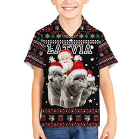 Latvia Christmas Family Matching Off Shoulder Short Dress and Hawaiian Shirt with Santa Claus and Wolves in Holiday Pattern Design - Wonder Print Shop