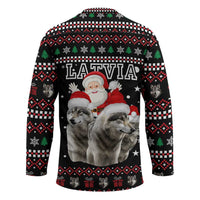 Latvia Christmas Hockey Jersey with Santa Claus and Wolves in Holiday Pattern Design - Wonder Print Shop