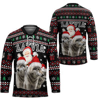 Latvia Christmas Hockey Jersey with Santa Claus and Wolves in Holiday Pattern Design - Wonder Print Shop