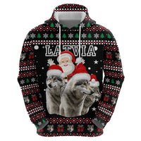 Latvia Christmas Hoodie with Santa Claus and Wolves in Holiday Pattern Design - Wonder Print Shop