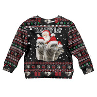 Latvia Christmas Kid Ugly Christmas Sweater with Santa Claus and Wolves in Holiday Pattern Design - Wonder Print Shop