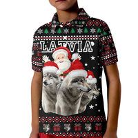 Latvia Christmas Kid Polo Shirt with Santa Claus and Wolves in Holiday Pattern Design - Wonder Print Shop