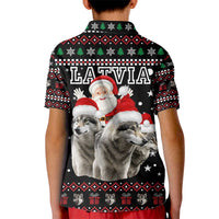Latvia Christmas Kid Polo Shirt with Santa Claus and Wolves in Holiday Pattern Design - Wonder Print Shop