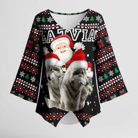 Latvia Christmas Kimono Sleeve Blouse with Santa Claus and Wolves in Holiday Pattern Design - undefined