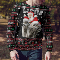 Latvia Christmas Ugly Christmas Sweater with Santa Claus and Wolves in Holiday Pattern Design - Wonder Print Shop