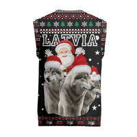 Latvia Christmas Knitted V-Neck Vest with Santa Claus and Wolves in Holiday Pattern Design - Wonder Print Shop