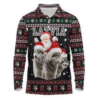 Latvia Christmas Long Sleeve Polo Shirt with Santa Claus and Wolves in Holiday Pattern Design - Wonder Print Shop