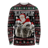 Latvia Christmas Long Sleeve Shirt with Santa Claus and Wolves in Holiday Pattern Design - Wonder Print Shop