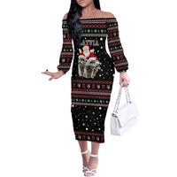 Latvia Christmas Off The Shoulder Long Sleeve Dress with Santa Claus and Wolves in Holiday Pattern Design - Wonder Print Shop