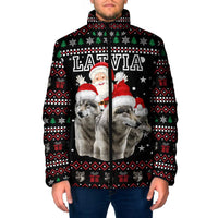Latvia Christmas Padded Jacket with Santa Claus and Wolves in Holiday Pattern Design - Wonder Print Shop
