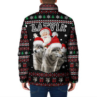 Latvia Christmas Padded Jacket with Santa Claus and Wolves in Holiday Pattern Design - Wonder Print Shop