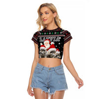 Latvia Christmas Raglan Cropped T Shirt with Santa Claus and Wolves in Holiday Pattern Design - Wonder Print Shop