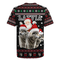 Latvia Christmas Rugby Jersey with Santa Claus and Wolves in Holiday Pattern Design - Wonder Print Shop