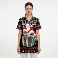 Latvia Christmas Scrub Top with Santa Claus and Wolves in Holiday Pattern Design - Wonder Print Shop