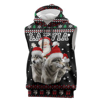 Latvia Christmas Sleeveless Hoodie with Santa Claus and Wolves in Holiday Pattern Design - Wonder Print Shop