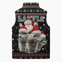 Latvia Christmas Sleeveless Puffer Jacket with Santa Claus and Wolves in Holiday Pattern Design - Wonder Print Shop