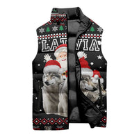 Latvia Christmas Sleeveless Puffer Jacket with Santa Claus and Wolves in Holiday Pattern Design - Wonder Print Shop