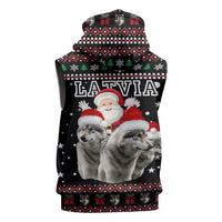 Latvia Christmas Sleeveless Zip Hoodie with Santa Claus and Wolves in Holiday Pattern Design - Wonder Print Shop