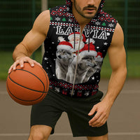 Latvia Christmas Sleeveless Zip Hoodie with Santa Claus and Wolves in Holiday Pattern Design - Wonder Print Shop