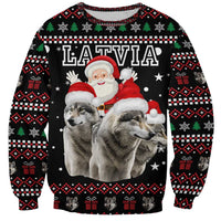 Latvia Christmas Sweatshirt with Santa Claus and Wolves in Holiday Pattern Design - Wonder Print Shop