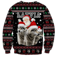Latvia Christmas Sweatshirt with Santa Claus and Wolves in Holiday Pattern Design - Wonder Print Shop