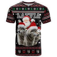 Latvia Christmas T Shirt with Santa Claus and Wolves in Holiday Pattern Design - Wonder Print Shop