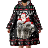 Latvia Christmas Wearable Blanket Hoodie with Santa Claus and Wolves in Holiday Pattern Design - Wonder Print Shop