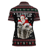 Latvia Christmas Women Polo Shirt with Santa Claus and Wolves in Holiday Pattern Design - Wonder Print Shop