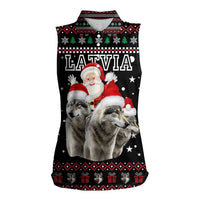 Latvia Christmas Women Sleeveless Polo Shirt with Santa Claus and Wolves in Holiday Pattern Design - Wonder Print Shop