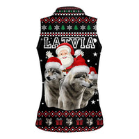 Latvia Christmas Women Sleeveless Polo Shirt with Santa Claus and Wolves in Holiday Pattern Design - Wonder Print Shop