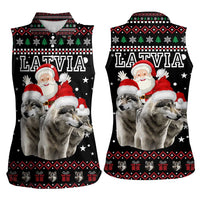 Latvia Christmas Women Sleeveless Polo Shirt with Santa Claus and Wolves in Holiday Pattern Design - Wonder Print Shop