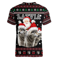 Latvia Christmas Women V-Neck T-Shirt with Santa Claus and Wolves in Holiday Pattern Design - Wonder Print Shop