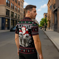 Latvia Christmas Zipper Polo Shirt with Santa Claus and Wolves in Holiday Pattern Design - Wonder Print Shop