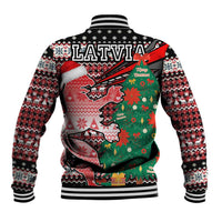 Latvia Christmas Baseball Jacket with Red Lion, Holiday Tree, and Nordic Pattern Design - Wonder Print Shop