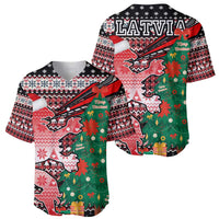 Latvia Christmas Baseball Jersey with Red Lion, Holiday Tree, and Nordic Pattern Design - Wonder Print Shop