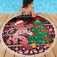 Latvia Christmas Beach Blanket with Red Lion, Holiday Tree, and Nordic Pattern Design - Wonder Print Shop