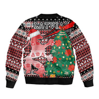 Latvia Christmas Bomber Jacket with Red Lion, Holiday Tree, and Nordic Pattern Design - Wonder Print Shop