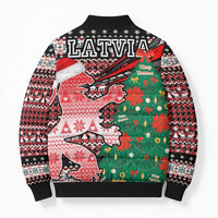 Latvia Christmas Bomber Puffer Jacket with Red Lion, Holiday Tree, and Nordic Pattern Design - Wonder Print Shop