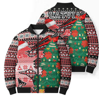 Latvia Christmas Bomber Puffer Jacket with Red Lion, Holiday Tree, and Nordic Pattern Design - Wonder Print Shop