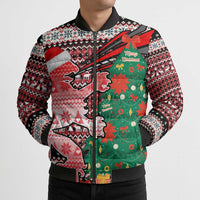 Latvia Christmas Bomber Puffer Jacket with Red Lion, Holiday Tree, and Nordic Pattern Design - Wonder Print Shop