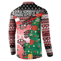 Latvia Christmas Button Sweatshirt with Red Lion, Holiday Tree, and Nordic Pattern Design - Wonder Print Shop