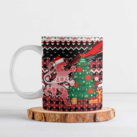 Latvia Christmas Ceramic Mug with Red Lion, Holiday Tree, and Nordic Pattern Design - Wonder Print Shop