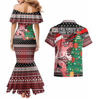 Latvia Christmas Couples Matching Mermaid Dress and Hawaiian Shirt with Red Lion, Holiday Tree, and Nordic Pattern Design - Wonder Print Shop